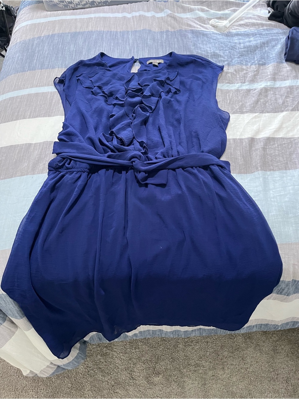 Roz & Ali Royal Blue Ruffled Sleeveless Tunic with Tie Waist